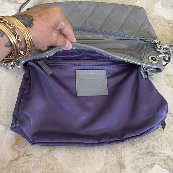 Coach Poppy Liquid Gloss Convertible Crossbody Bag Light Grey Patent Leather - Picture 12 of 16